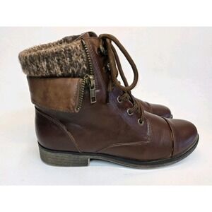 Womens Size 7.5 Mudd MDalto Cognac Lace Up Sweater Trimmed Side Zip Boots